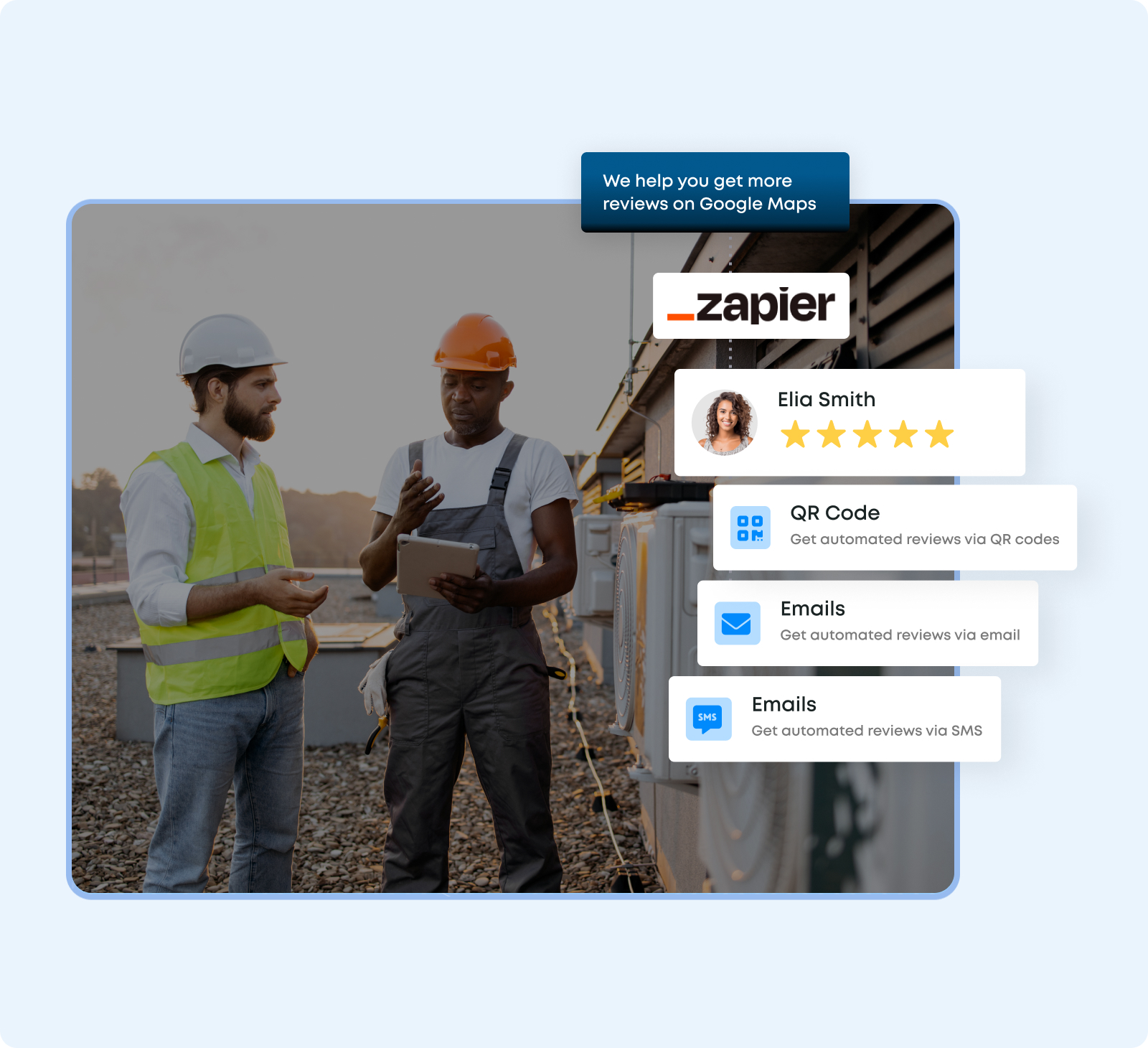 Contractors reviewing automated Google Maps review requests through QR codes, email, and SMS