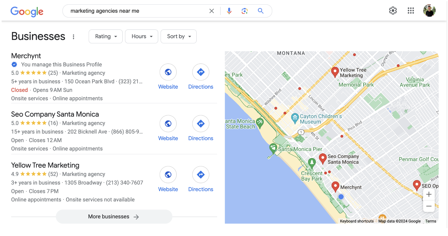 Google local business results displayed beside a map