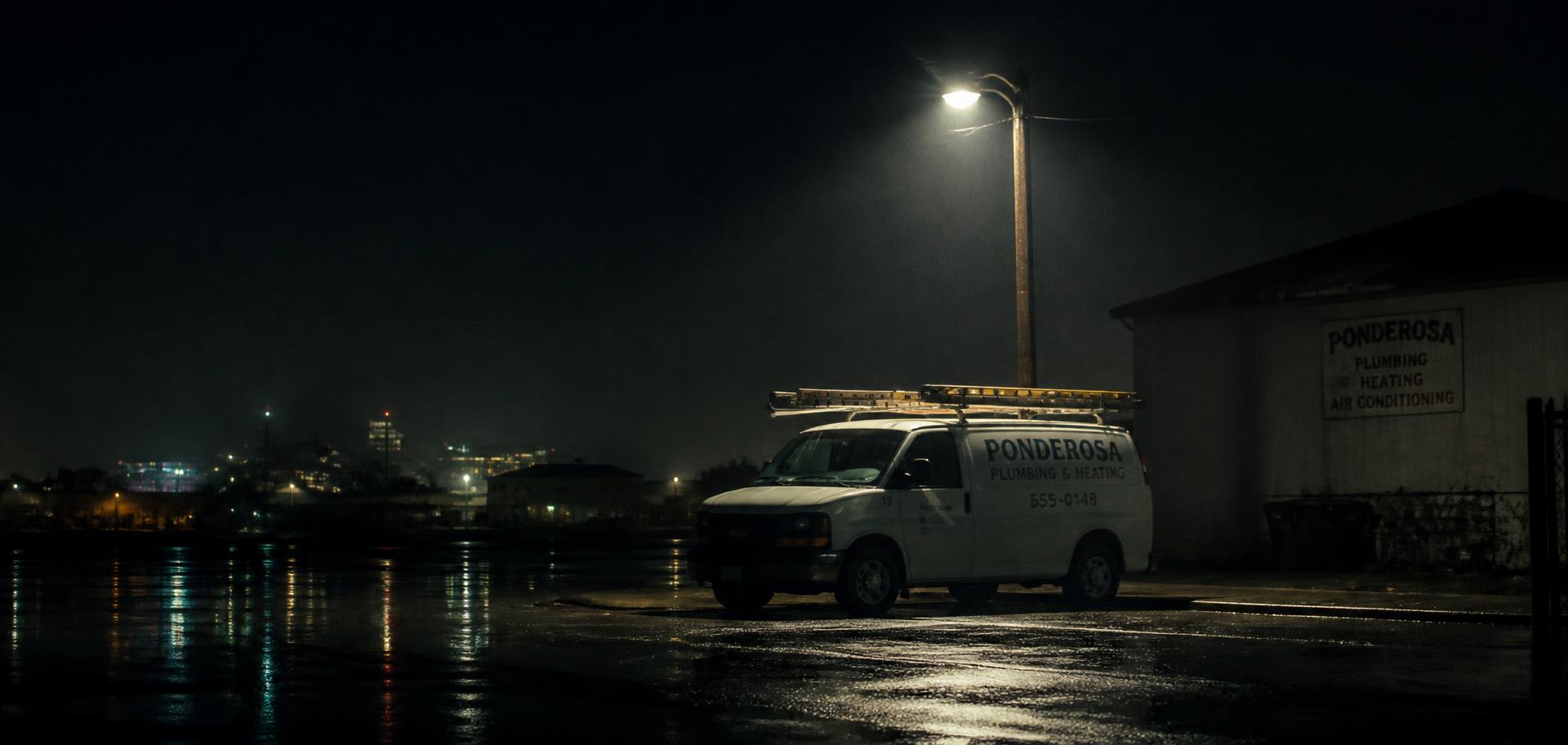 Service van parked under a street lamp at night
