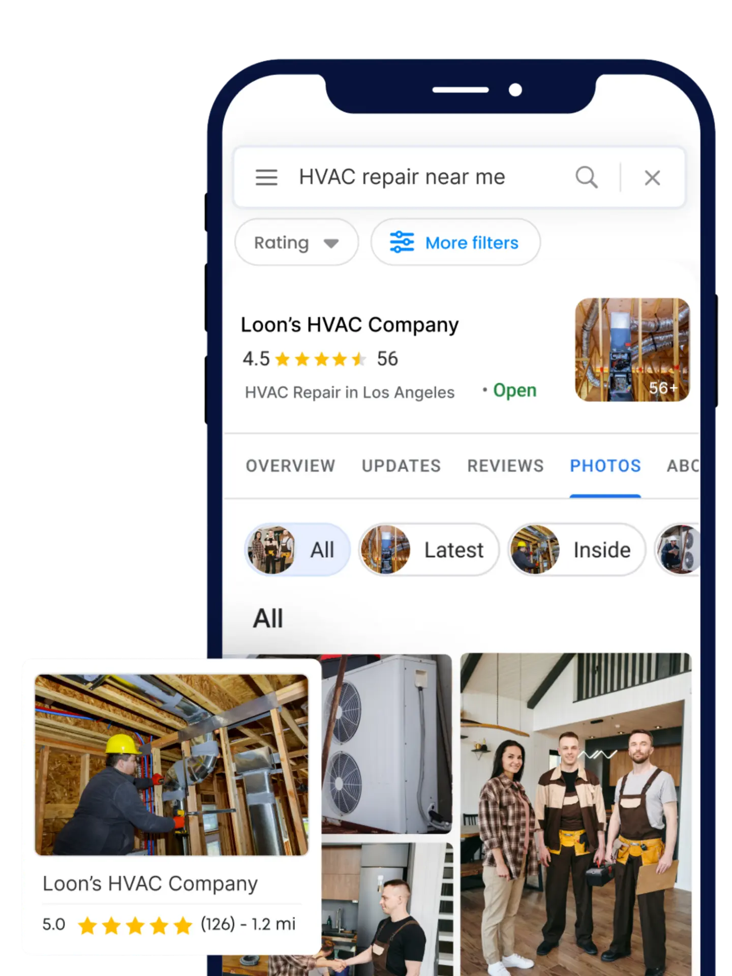 Mobile Google Business Profile results showing a top-ranked HVAC contractor